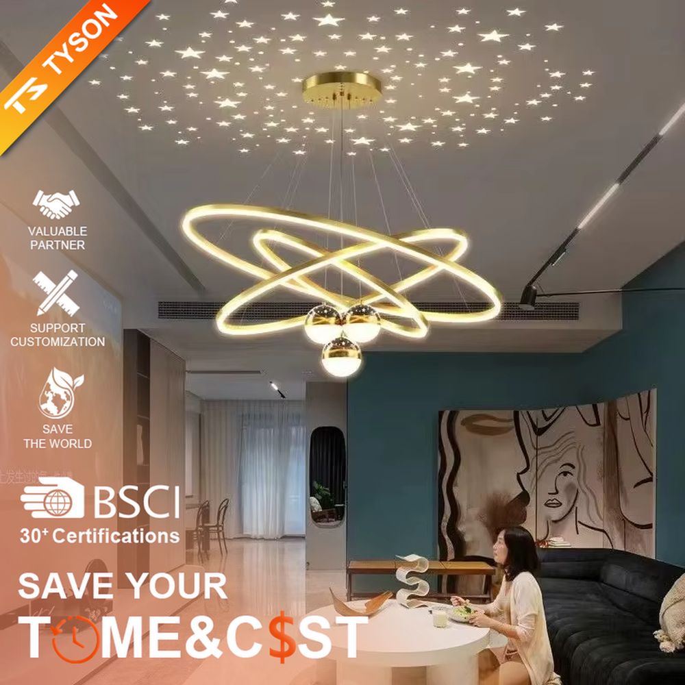 This modern light luxury galaxy-shaped chandelier features multi-layer interlaced ring light strips made of black and gold metal, paired with spherical crystal lamp shades, and has a built-in star and moon projection effect on the top. It serves both lighting and decorative purposes, ideal for modern home spaces such as living rooms and dining rooms, as well as light luxury commercial venues.