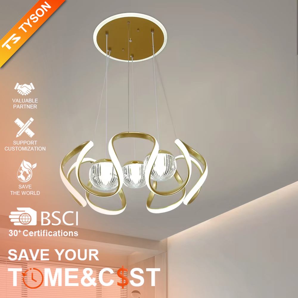 This light luxury gold ring chandelier consists of interlaced metal light strips and textured crystal lamp shades, shaped like blooming flowers with soft, artistic lines. It serves both lighting and decorative purposes, ideal for modern light luxury home and commercial spaces such as dining rooms and living rooms.