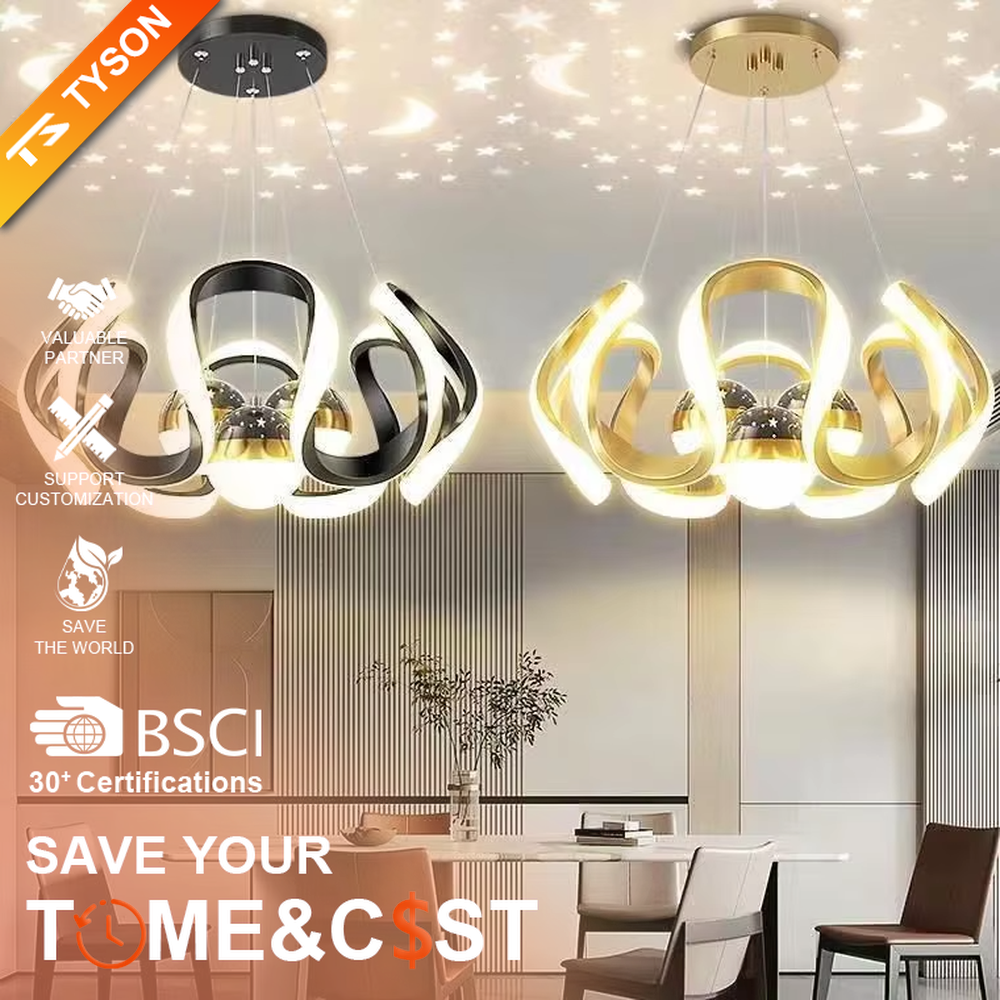 This is a childlike artistic golden starry sky projection chandelier, with golden curved light strips and starry sky decorated spherical lamps, which can project star and moon patterns onto the ceiling. The design is childlike and dreamy, with warm lighting. It is used for space lighting and atmosphere creation, suitable for children's rooms, modern-style bedrooms, childlike theme living rooms and other places.