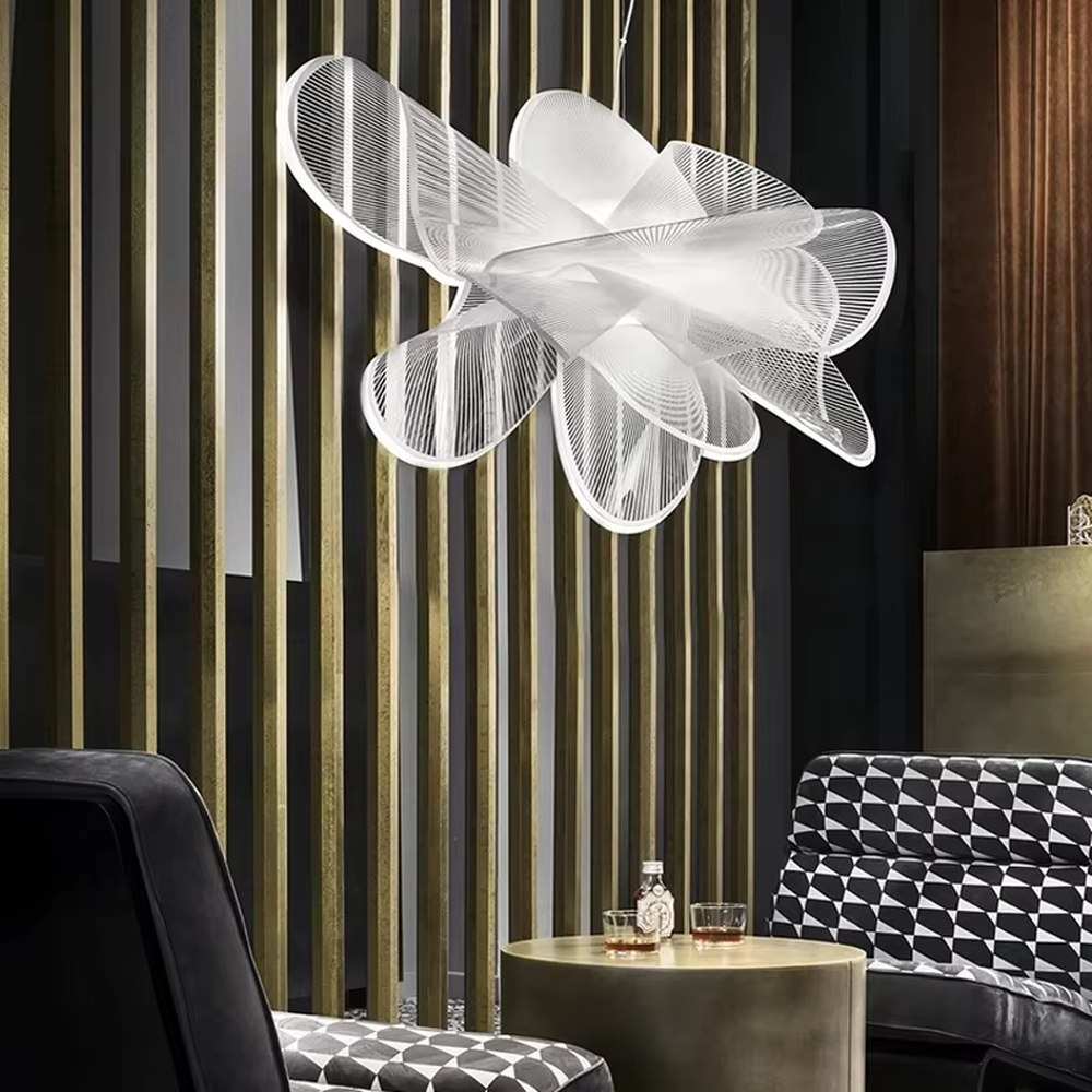 Modern art petal chandelier, multi-layer three-dimensional petal shape made of white semi-transparent PET material, with light and transparent lines, designed to enhance the artistic atmosphere of spaces, suitable for living rooms, clubs, art exhibition halls and other modern high-end spaces