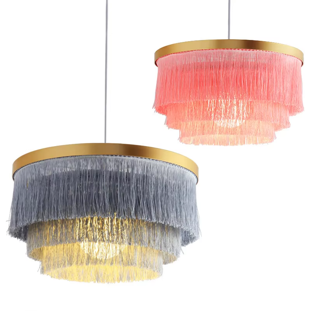 Light luxury gradient pink tassel multi-layer circular chandelier (gold trim decoration), warm light effect, creating a romantic and exquisite space atmosphere.