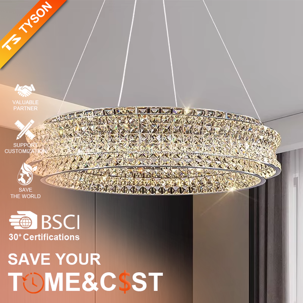 This is a light luxury and luxurious double-layer ring crystal chandelier, with a double-layer ring shape full of crystals. When lit, the light is brilliant and gorgeous, creating a high-end luxurious atmosphere.