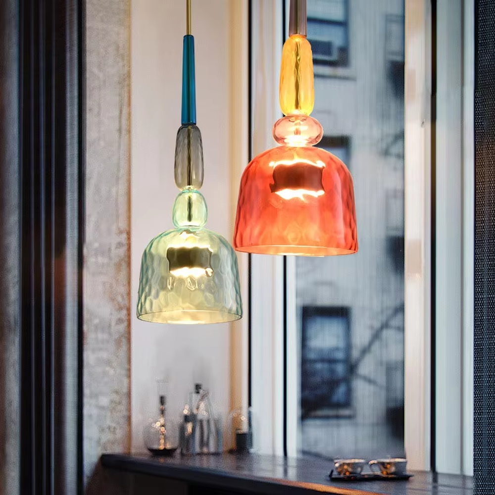 Retro colorful glass bell chandelier (multi-color combination), warm light effect, creating a lively and fresh artistic space atmosphere.