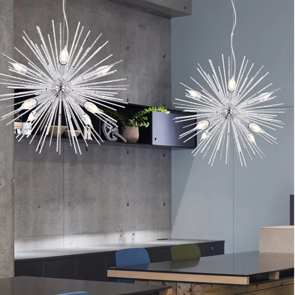 Light luxury golden firework radial-shaped hanging chandelier, radial metal strips + multi-bulb design, brilliant and vivid lighting, creating a vintage artistic atmosphere.