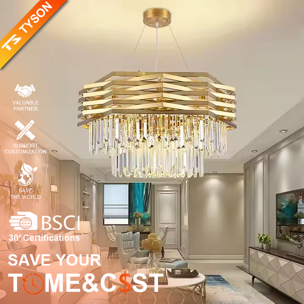 This is a light luxury modern-style golden geometric crystal chandelier, with a multi-layer golden geometric metal frame paired with numerous transparent crystal pendants. It features a grand and luxurious design with brilliant lighting. It is used for space lighting and decoration, creating a light luxury high-end atmosphere. Suitable for light luxury-style living rooms, high-end restaurants, luxury villas and other places.