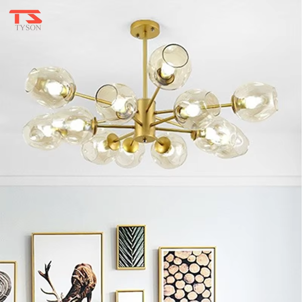 Light luxury gold branch textured glass cup chandelier (gold branch frame + textured glass cups), warm light effect, creating an exquisite and high-end home atmosphere.
