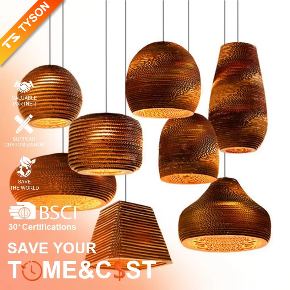 This is a set of natural artistic paper chandeliers, featuring various geometric shapes made of corrugated paper with brown textures, simple and natural, and artistic in design. It is used for space lighting and decoration, creating a natural and artistic atmosphere. It is suitable for Nordic-style home dining rooms, creative cafes, art studios and other places.