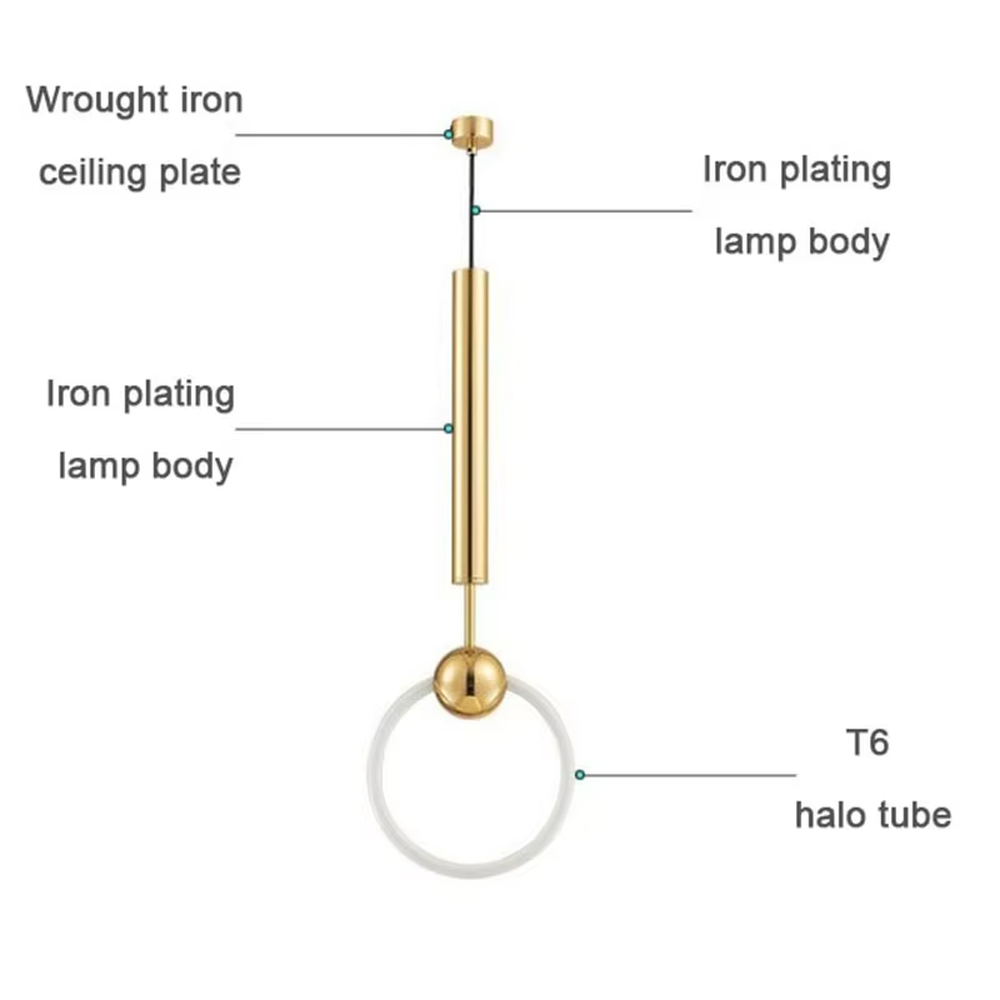 This light luxury small ring chandelier features a gold metal suspension rod, paired with a luminous LED ring and a gold spherical decoration on top, with a simple and elegant shape, serving both lighting and decorative purposes, ideal for dining rooms, bedrooms, light luxury commercial spaces and other scenarios.