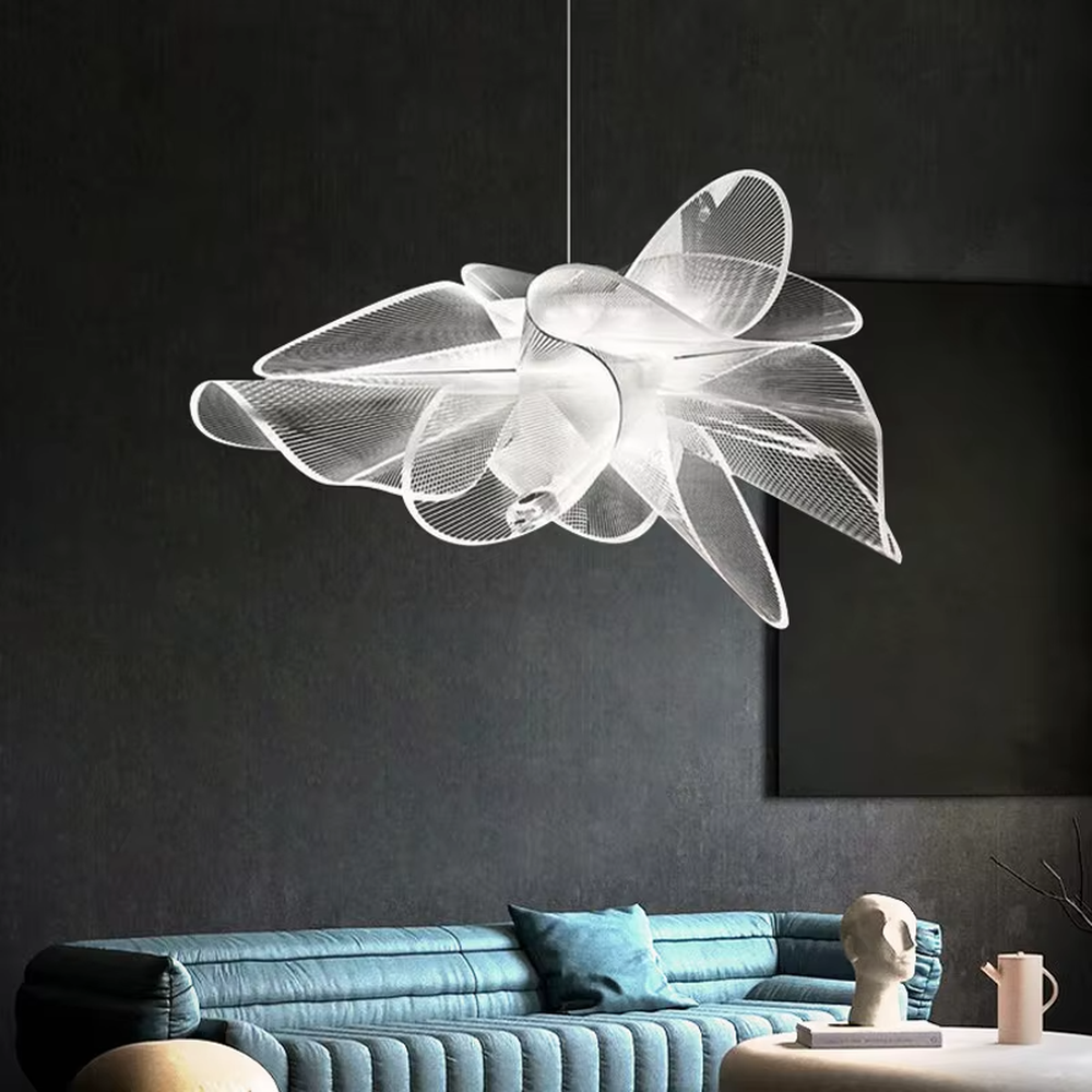 Modern art petal chandelier, multi-layer three-dimensional petal shape made of white semi-transparent PET material, with light and transparent lines, designed to enhance the artistic atmosphere of spaces, suitable for living rooms, clubs, art exhibition halls and other modern high-end spaces