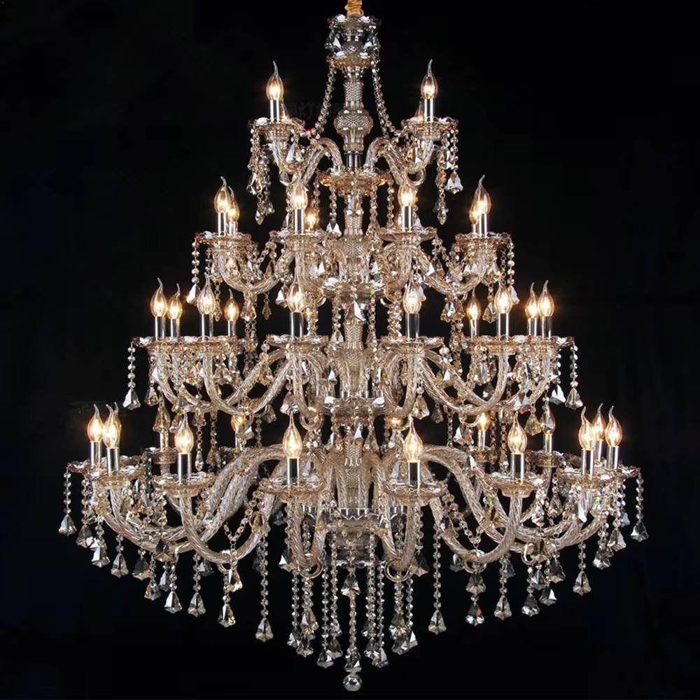 This is a European-style luxury crystal chandelier with multi-layer crystal ornaments and candlestick-shaped lamp heads, featuring a brilliant and luxurious design. It is used for space lighting and decoration, creating a luxurious and grand atmosphere. It is suitable for villa living rooms, high-end hotel banquet halls, European-style clubs and other places.