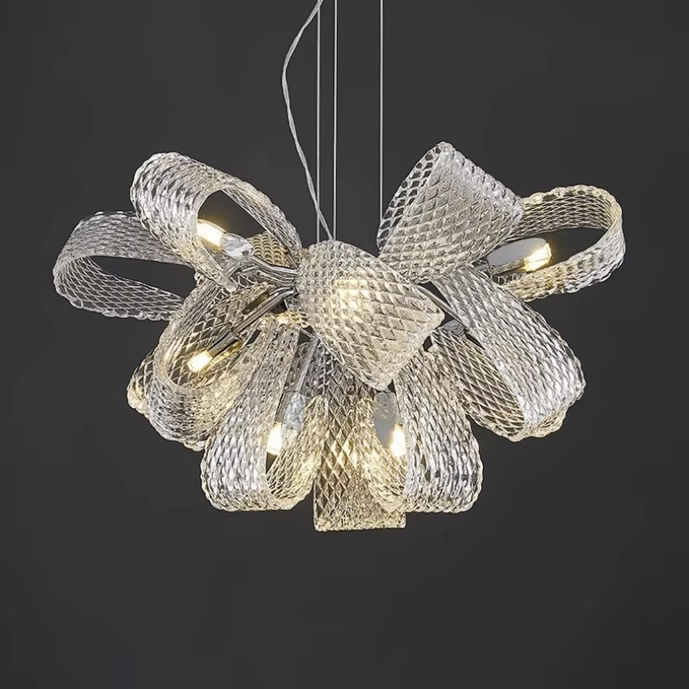 Modern art flower-shaped textured transparent light luxury chandelier, silver-toned frame + warm light effect, creating an artistic light luxury home atmosphere.