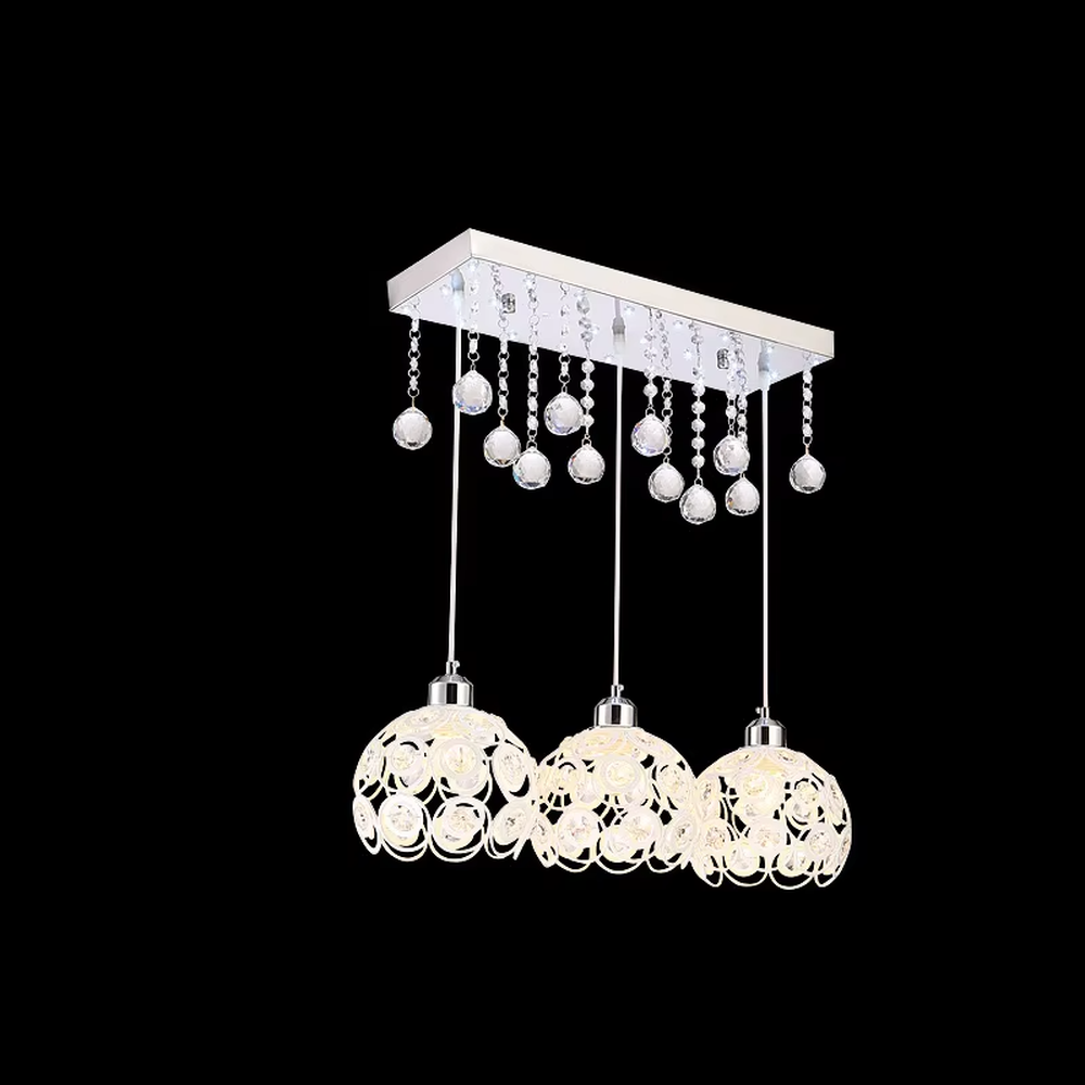 This light luxury three-head dining chandelier features a black metal top frame, paired with silver suspension rods and hollow black-gold spherical lampshades (embedded with crystal accents), with an exquisite and brilliant shape, serving both lighting and decorative purposes, ideal for dining rooms, bars, light luxury homes and other scenarios.