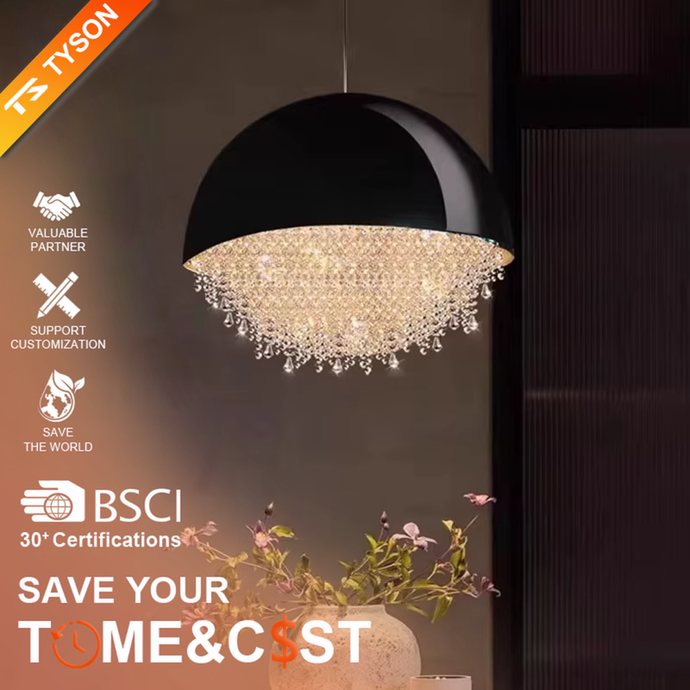 This modern light luxury hemispherical chandelier features a white metal upper cover, with dense crystal decorations along the lower edge like a falling waterfall. It serves both lighting and decorative purposes, ideal for dining rooms, living rooms, light luxury commercial spaces and other scenarios.