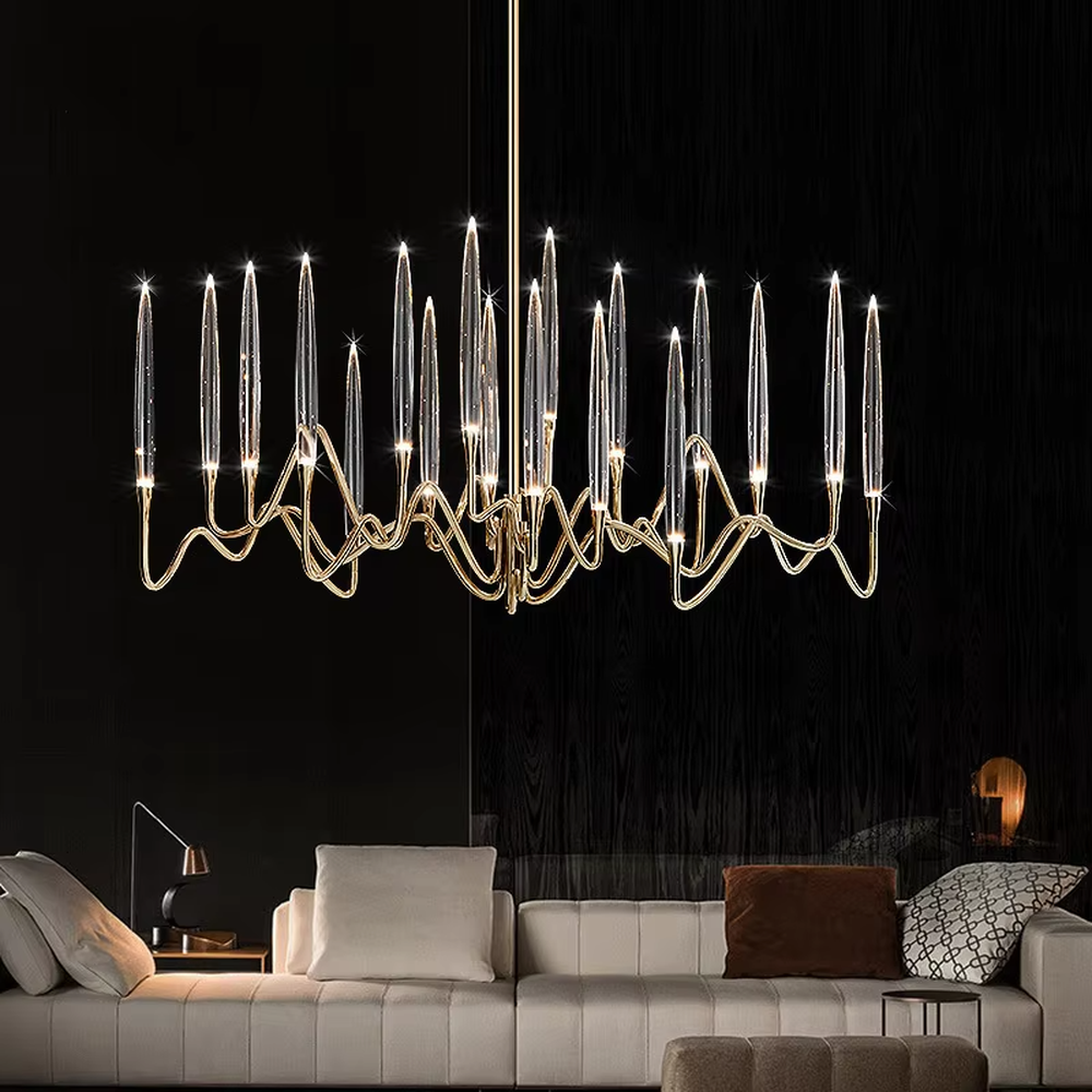 This is a modern artistic luxury chandelier, with a golden metal curved frame and transparent glass tube - shaped lampshades, featuring artistic layers and strong luxury sense. It is used for space lighting and decoration, creating an artistic luxury atmosphere. It is suitable for high - end restaurants, modern luxury home living rooms, art soft decoration spaces and other places.