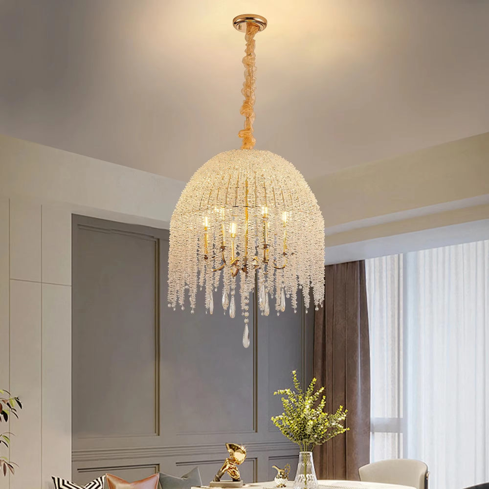 This is a luxury hemispherical crystal chandelier, with a golden frame and multi-layer crystals forming a hemispherical shape, and flexible crystal pendants, featuring a luxurious and elegant design. It is used for space lighting and decoration, creating a high-end luxury atmosphere. It is suitable for luxury-style home living rooms, high-end restaurants, luxury clubs and other places.