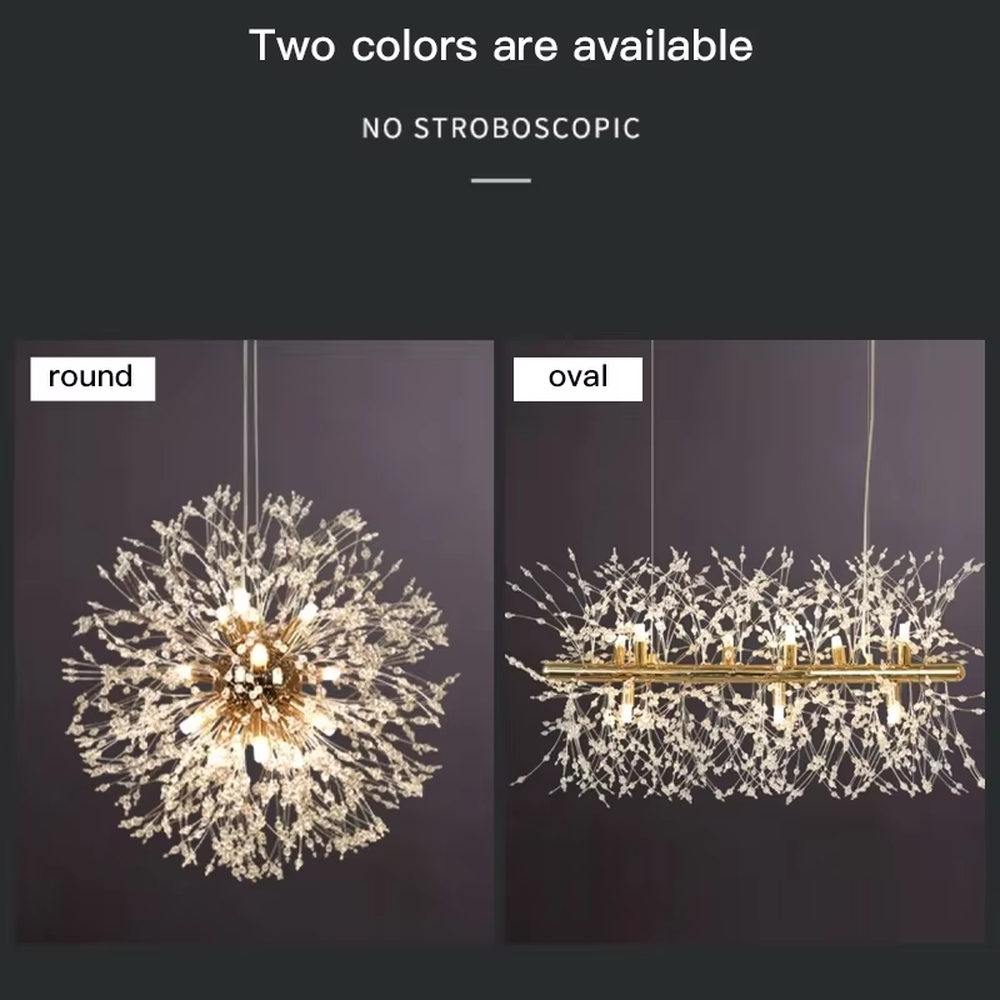 This light luxury dandelion-shaped chandelier features a spherical firework/dandelion design made of metal and light-transmitting material, emitting brilliant and soft light, serving both lighting and decorative purposes, ideal for dining rooms, living rooms, light luxury commercial spaces and other scenarios.