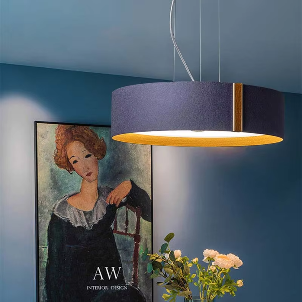 Modern minimalist purple fabric wood-decor round hanging chandelier, dark purple fabric lampshade + wood trim + warm light bottom edge, soft and warm lighting.