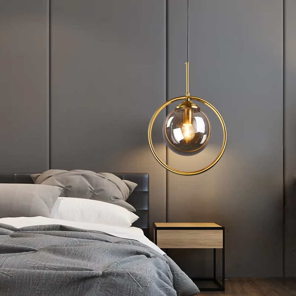 Modern light luxury golden ring glass ball chandelier (warm light), warm light effect, creating a simple and high-end warm space atmosphere.