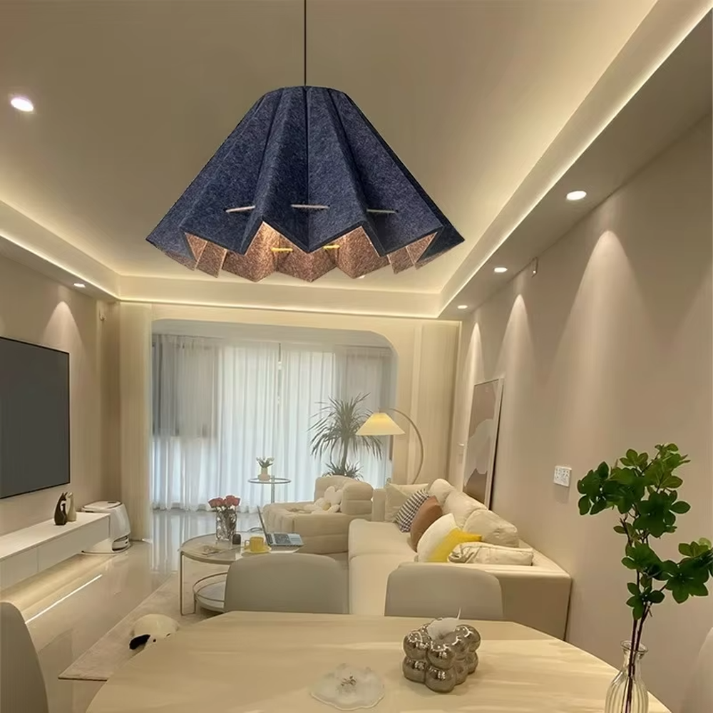 This is a modern artistic dark blue geometric origami chandelier, with a multi-layer origami structure, outer dark blue material and inner brown texture, featuring strong artistic sense and modern style. It is used for space lighting and decoration, creating an artistic and modern atmosphere. It is suitable for modern art home living rooms, designer studios, high-end creative restaurants and other places.