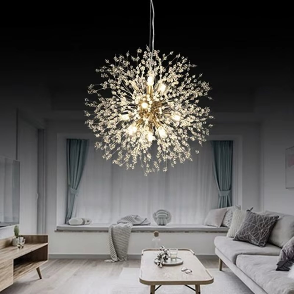 Light luxury art dandelion-shaped cluster chandelier, golden core + transparent slender decorative pieces + multi-bulbs, soft warm light like starlight, creating a light luxury art living room atmosphere.