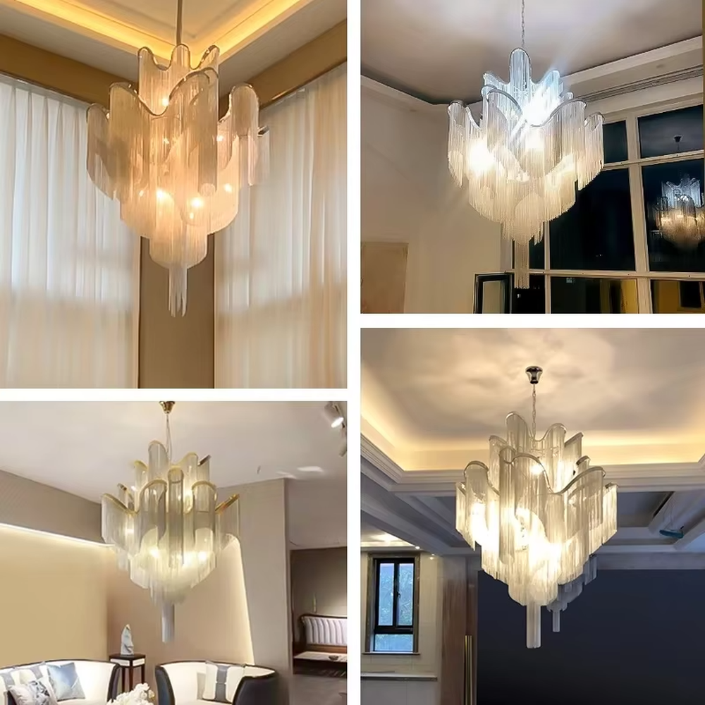 Modern light luxury silver frame crystal tassel irregular-shaped chandelier, warm light effect, creating a luxurious artistic atmosphere.
