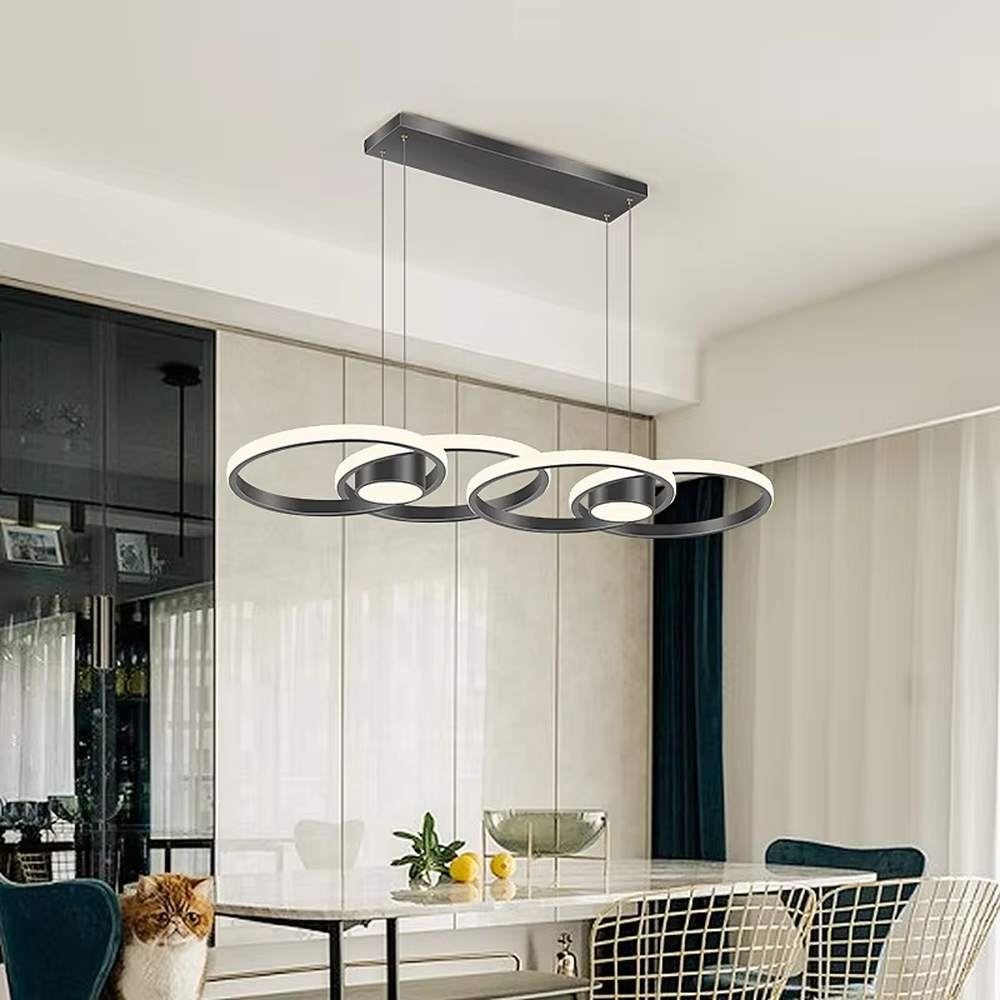 This is a modern minimalist multi-layer ring suspended chandelier, with black frames paired with white light sources, a staggered multi-layer ring shape, soft and even lighting, creating a minimalist high-end space atmosphere.