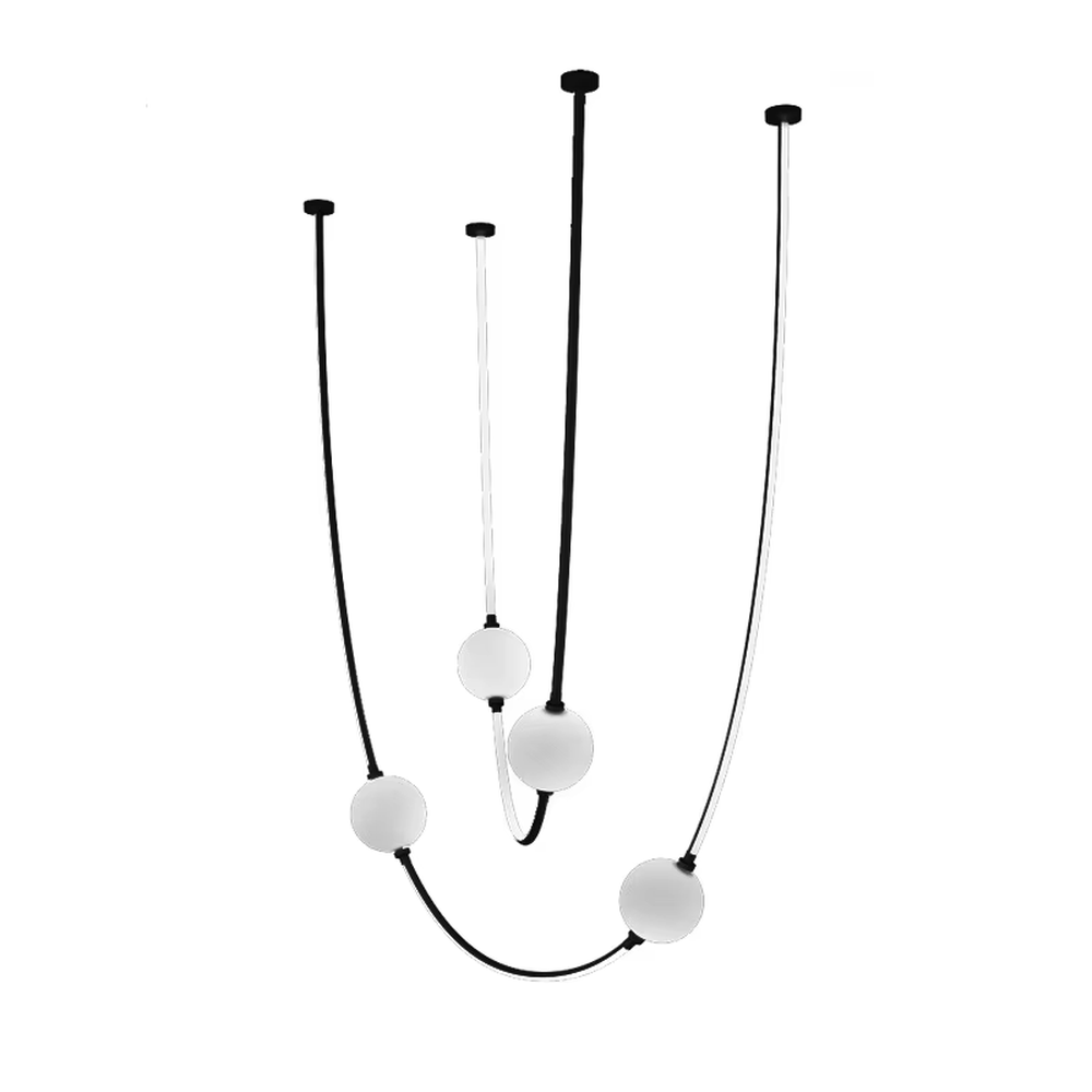 Modern creative curved frame hanging chandelier, black curved metal frame + white light strip + white spherical lampshades, soft and flexible lighting, creating an artistic minimalist atmosphere.