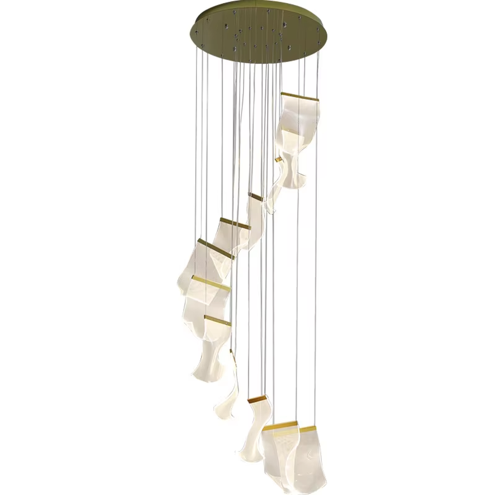 Modern artistic spiral-hung leaf-shaped chandelier, translucent lampshades + golden decorations, soft lighting, creating a high-end artistic atmosphere.