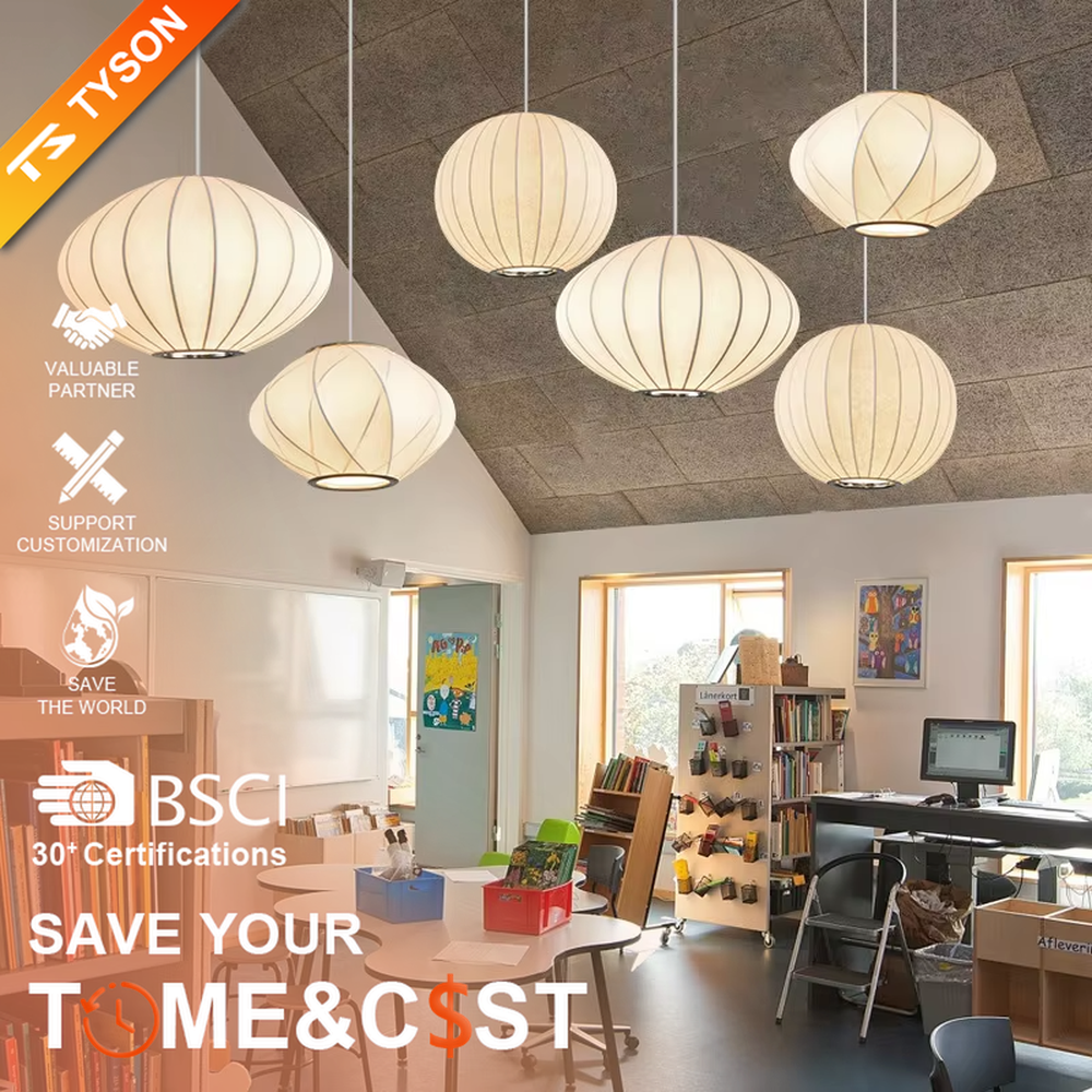 Japanese minimalist style multi-shape beige striped fabric lampshade track multi-head pendant light, warm light effect, creating a soft and cozy space atmosphere.