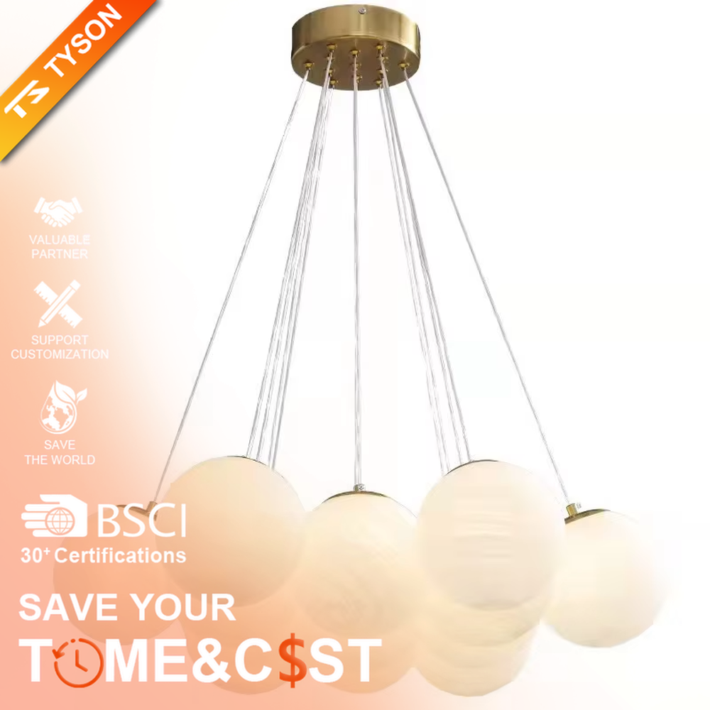 Light luxury cloud cluster glass ball chandelier (milk-white glass balls + gold wire frame), warm light effect, creating a soft and healing light luxury space atmosphere.