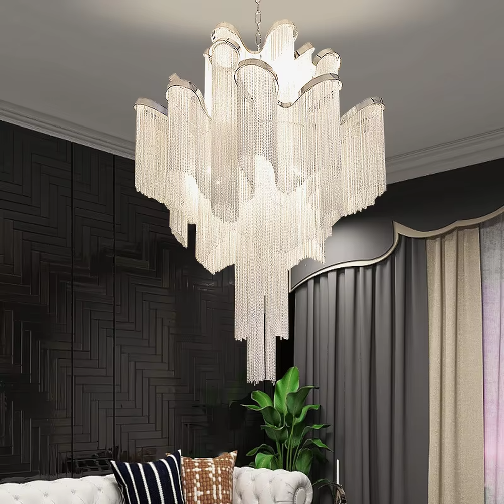 Light luxury waterfall crystal chain chandelier (warm light), warm light effect, creating a luxurious and soft high-end space atmosphere.