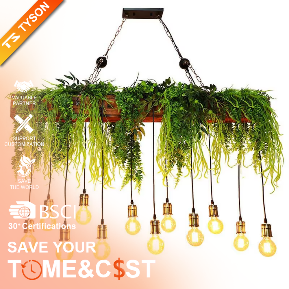 This is a natural and fresh-style artificial floral hanging chandelier, decorated with a large number of artificial green plants (ferns, monstera leaves) and white flowers, paired with retro bulbs and a hanging structure. The design is natural and warm, with soft warm yellow lighting. It is used for space lighting and decoration to create a natural retro atmosphere. Suitable for literary cafes, Nordic-style homestays, nature-themed restaurants and other places.