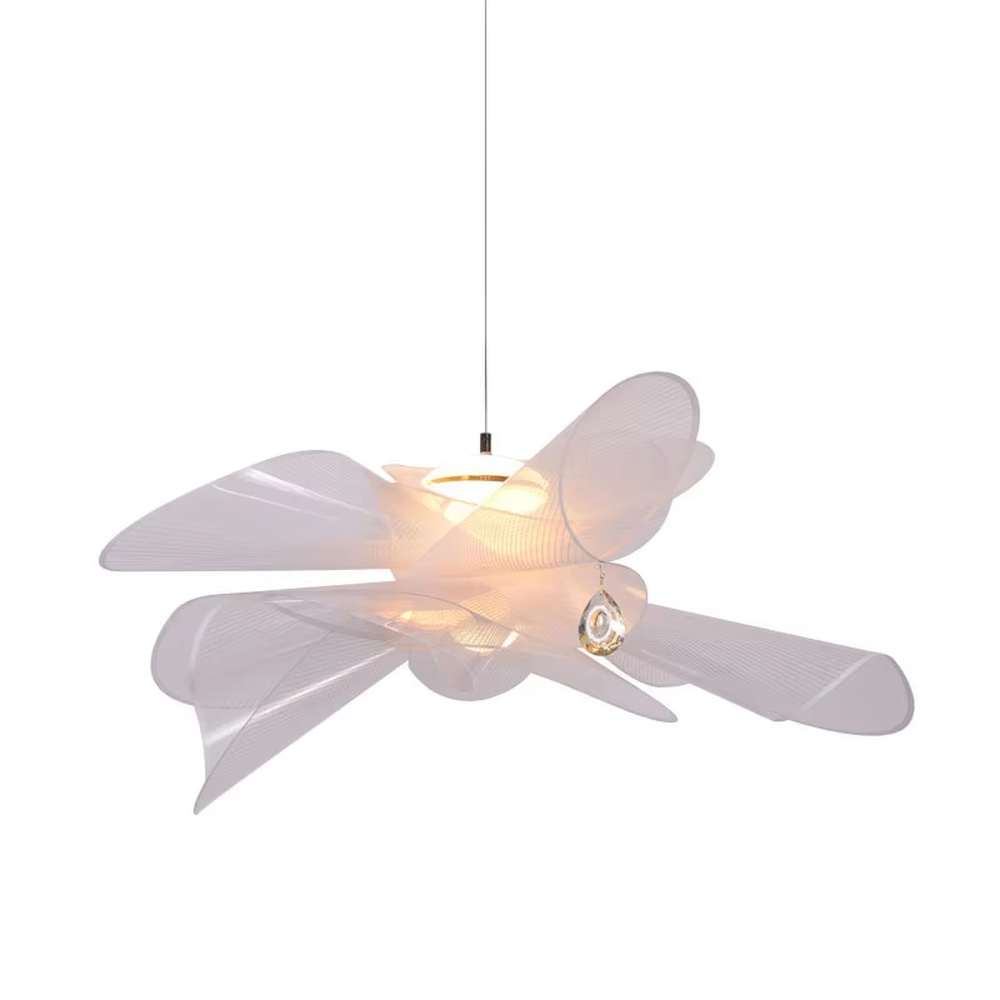 Modern art wing-shaped mesh transparent hanging lamp, minimalist stretched shape + transparent material, soft hazy light, creating a minimalist art atmosphere.