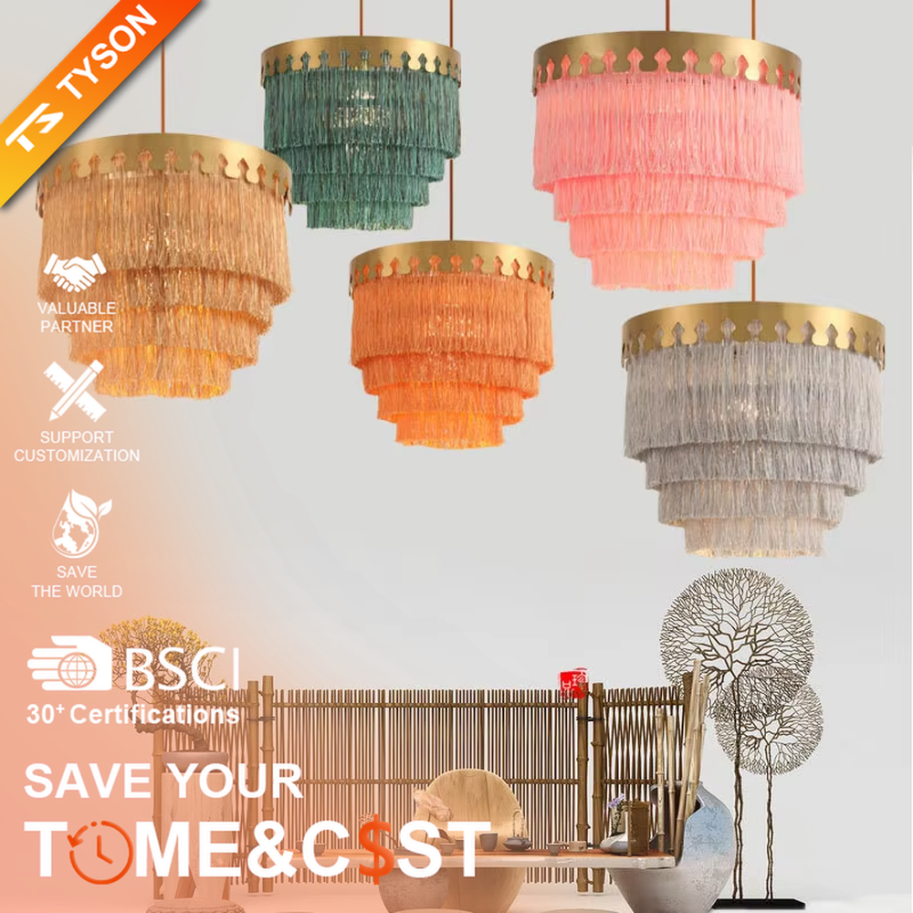 Light luxury gradient pink tassel multi-layer circular chandelier (gold trim decoration), warm light effect, creating a romantic and exquisite space atmosphere.