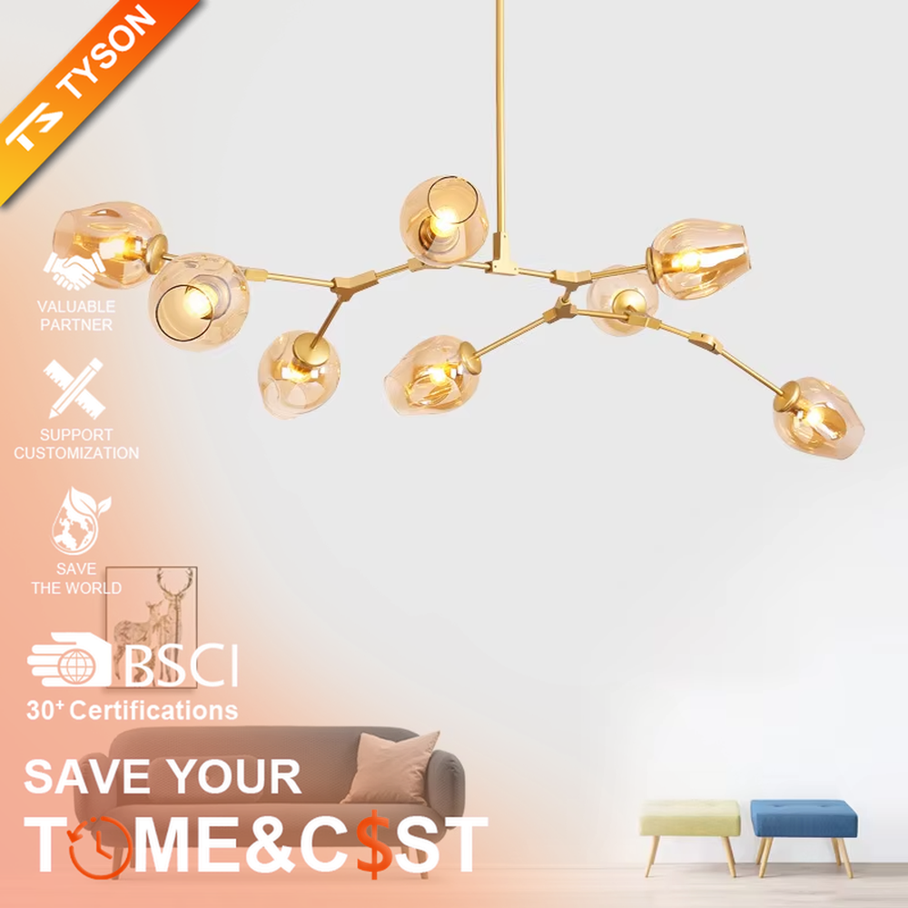 Light luxury gold branch textured glass cup chandelier (gold branch frame + textured glass cups), warm light effect, creating an exquisite and high-end home atmosphere.