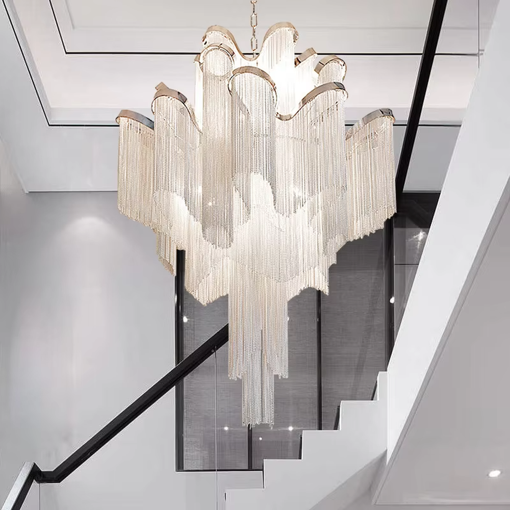 Light luxury waterfall crystal chain chandelier (warm light), warm light effect, creating a luxurious and soft high-end space atmosphere.