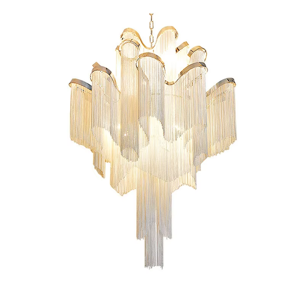 Light luxury waterfall crystal chain chandelier (warm light), warm light effect, creating a luxurious and soft high-end space atmosphere.