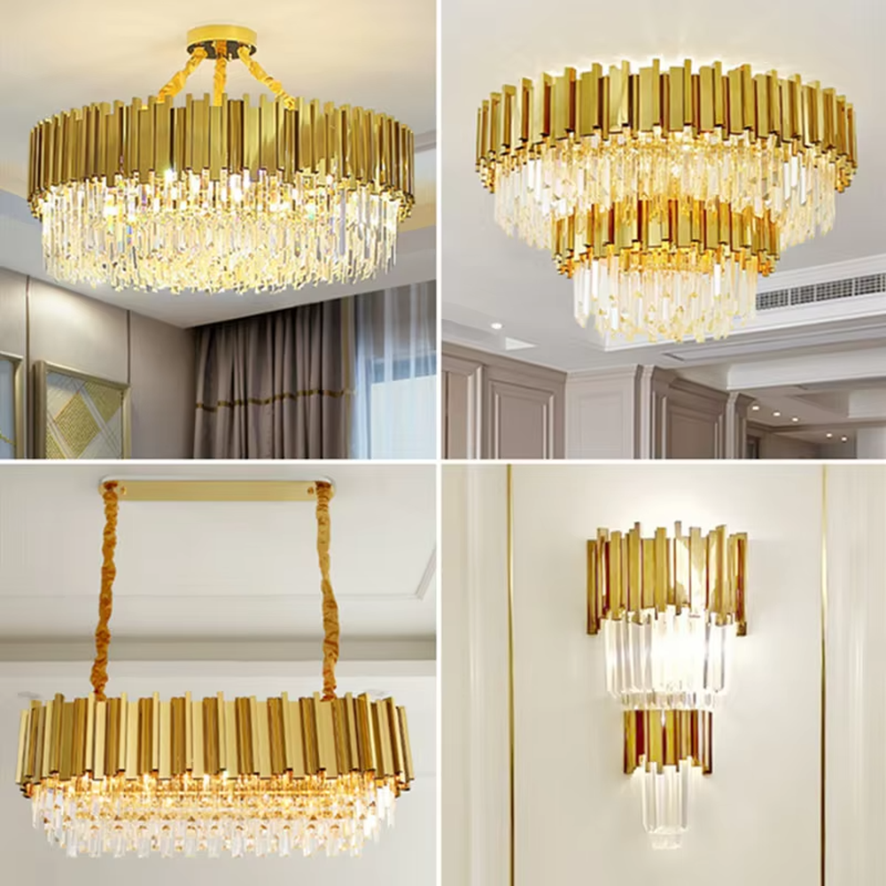 This is a luxurious modern-style golden column crystal chandelier, with a golden metal column structure and transparent crystals, featuring a grand and luxurious design, brilliant lighting. It is used for space lighting and decoration, creating a high-end luxurious atmosphere. Suitable for luxury villa living rooms, high-end hotel lobbies, light luxury-style restaurants and other places.