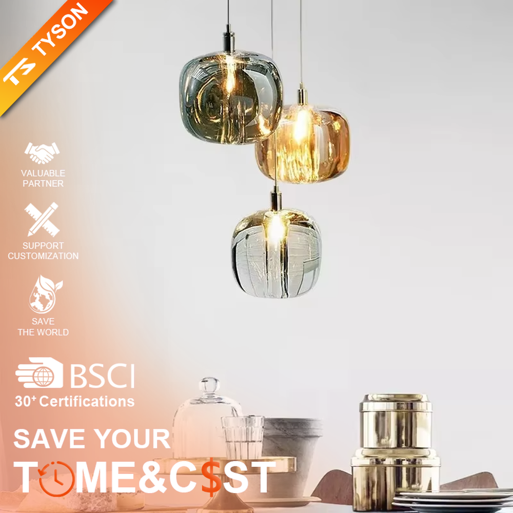 Light luxury multi-color textured glass ball combination hanging lamp, dark green/gold/silver textured glass balls + thin suspension ropes, warm light refracts a flexible texture, creating a light luxury artistic atmosphere.