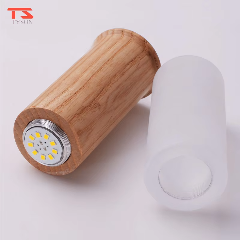 Natural minimalist wood and frosted glass cylinder multi-head pendant light, warm light effect, creating a natural cozy atmosphere.