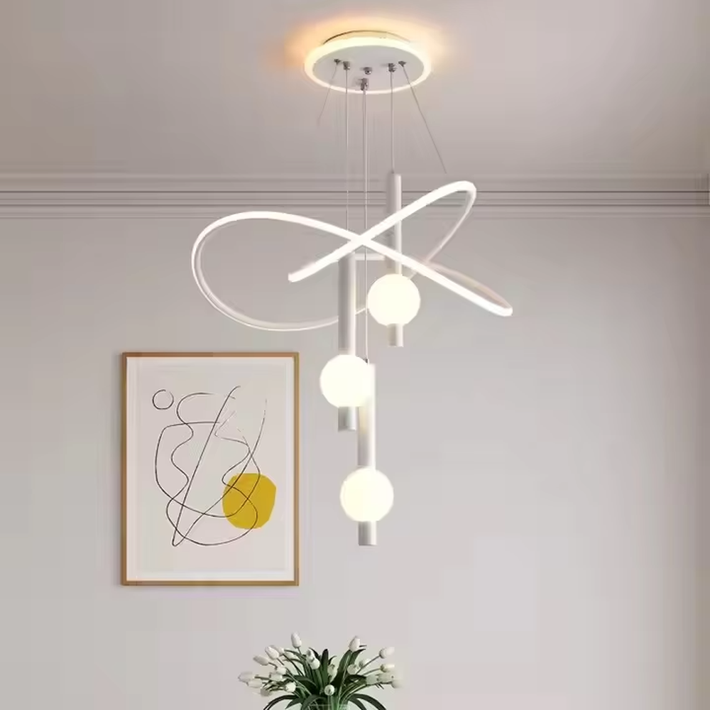 This is a modern creative cross-ring spherical chandelier, featuring white cross-ring light strips paired with spherical lamp bodies. The design is simple and artistic, with soft and uniform lighting. It is used for space lighting and decoration to create a modern artistic atmosphere. Suitable for modern-style living rooms, minimalist dining areas, modern apartments and other places.