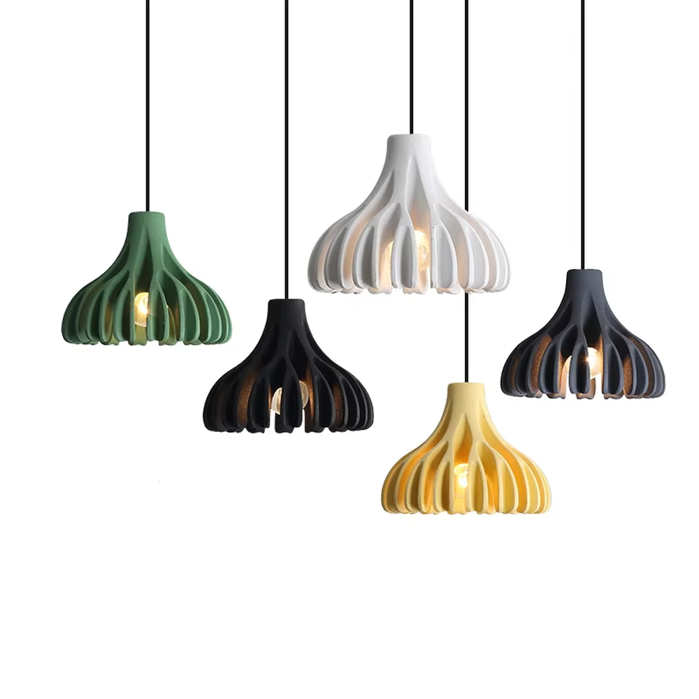 Fresh bud-folded shape multi-color hanging chandelier, bright colors like yellow/green + fan-folded lampshade + black suspension rope, soft warm light, creating a lively and fresh home atmosphere.