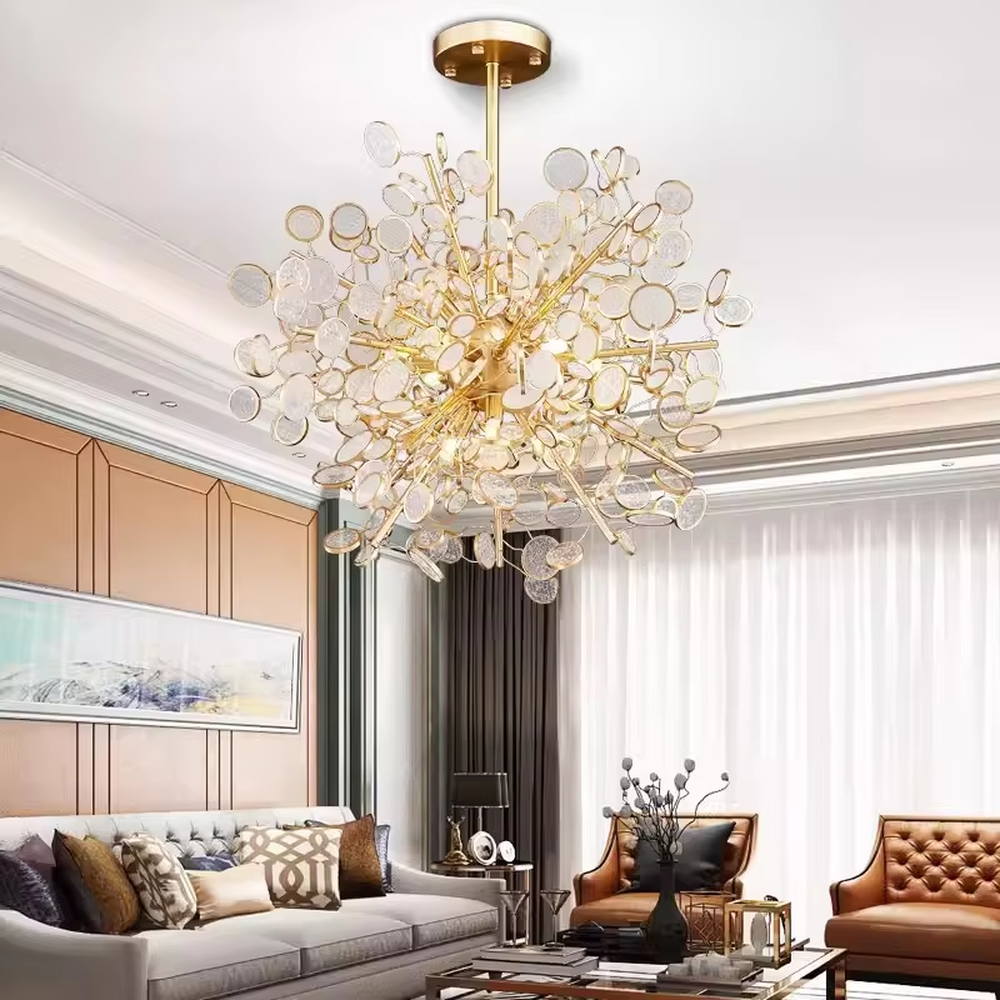 Modern art light luxury bubble cluster textured disk long chandelier, translucent textured disks + warm light effect, creating a flexible artistic light luxury atmosphere.