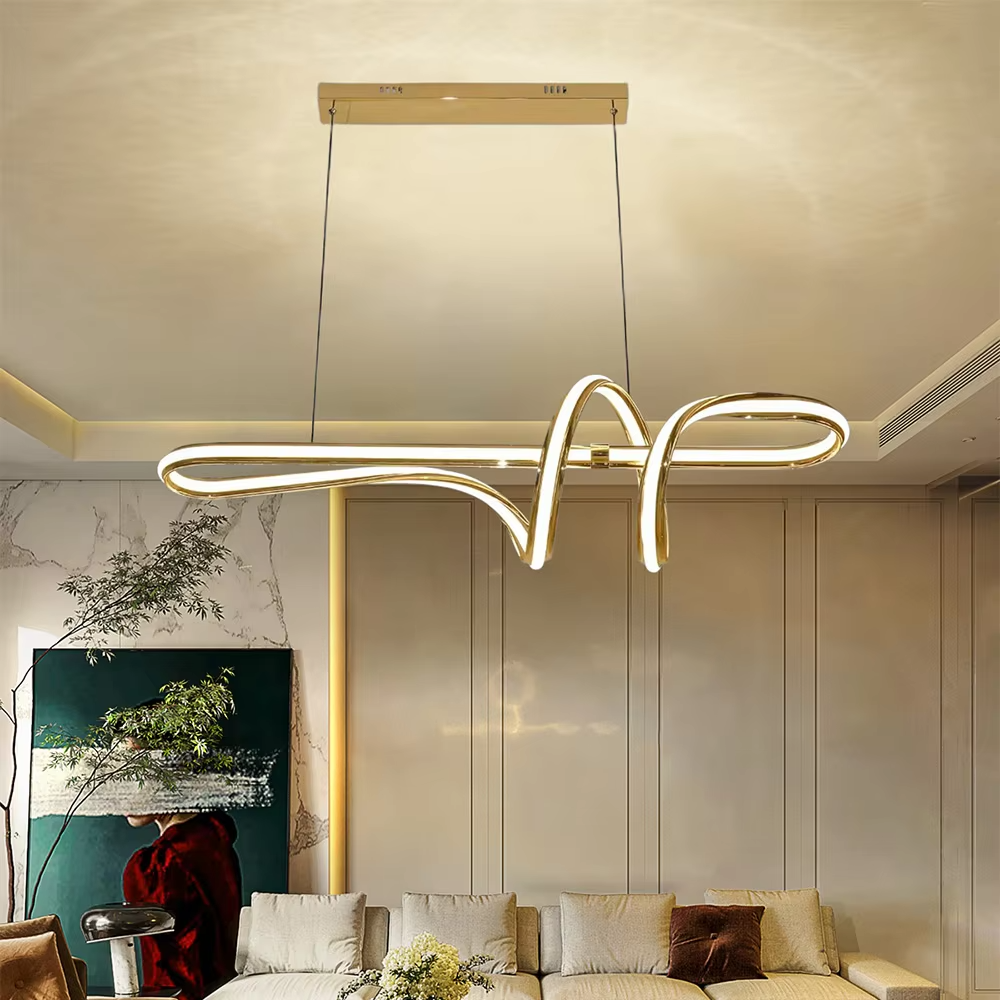 This is a modern artistic golden crossed ring chandelier, with a golden metal crossed ring structure and embedded crystal elements, featuring a minimalist and grand design, brilliant lighting. It is used for space lighting and decoration, creating a modern luxurious atmosphere. Suitable for modern minimalist living rooms, high-end creative restaurants, designer studios and other places.