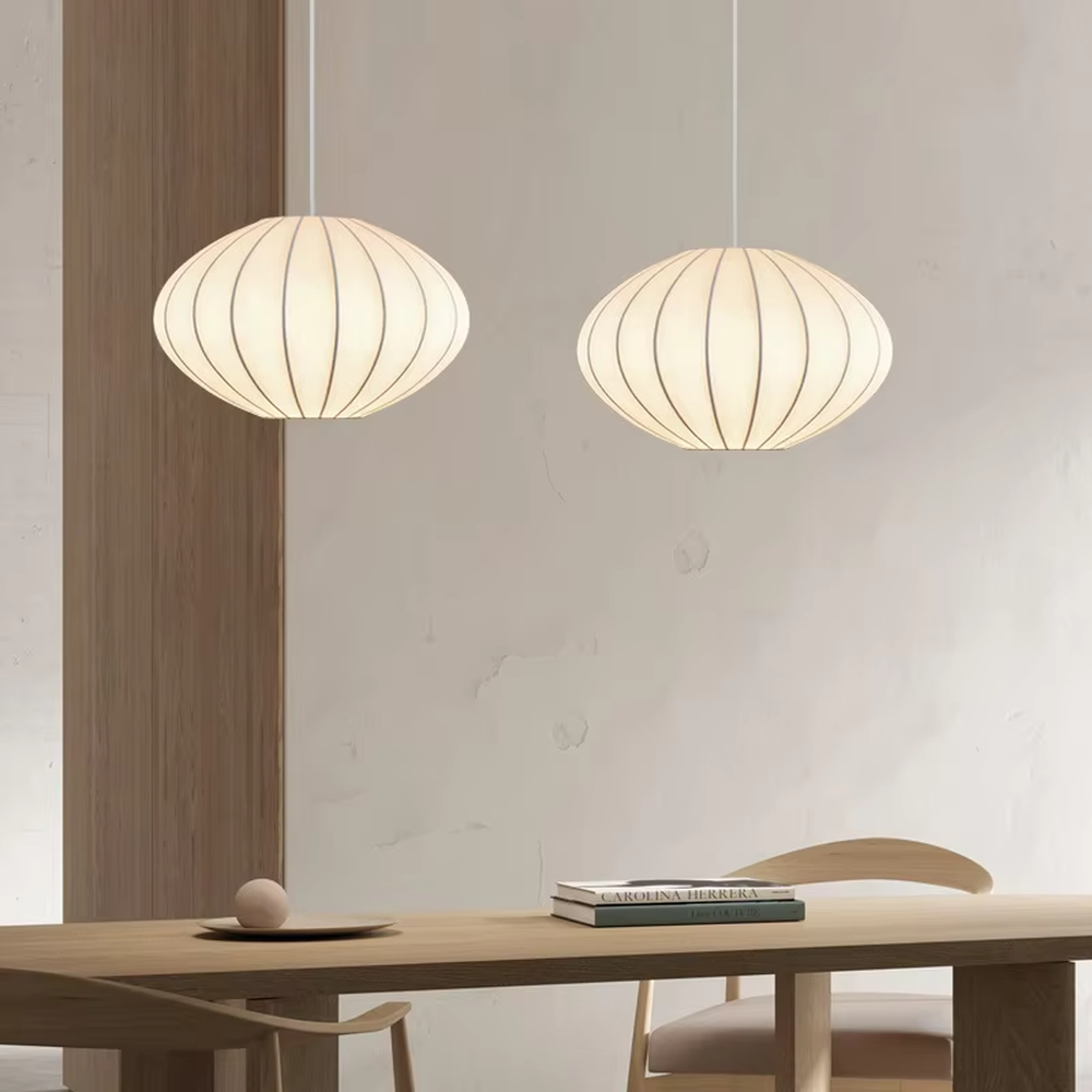 Japanese minimalist style multi-shape beige striped fabric lampshade track multi-head pendant light, warm light effect, creating a soft and cozy space atmosphere.