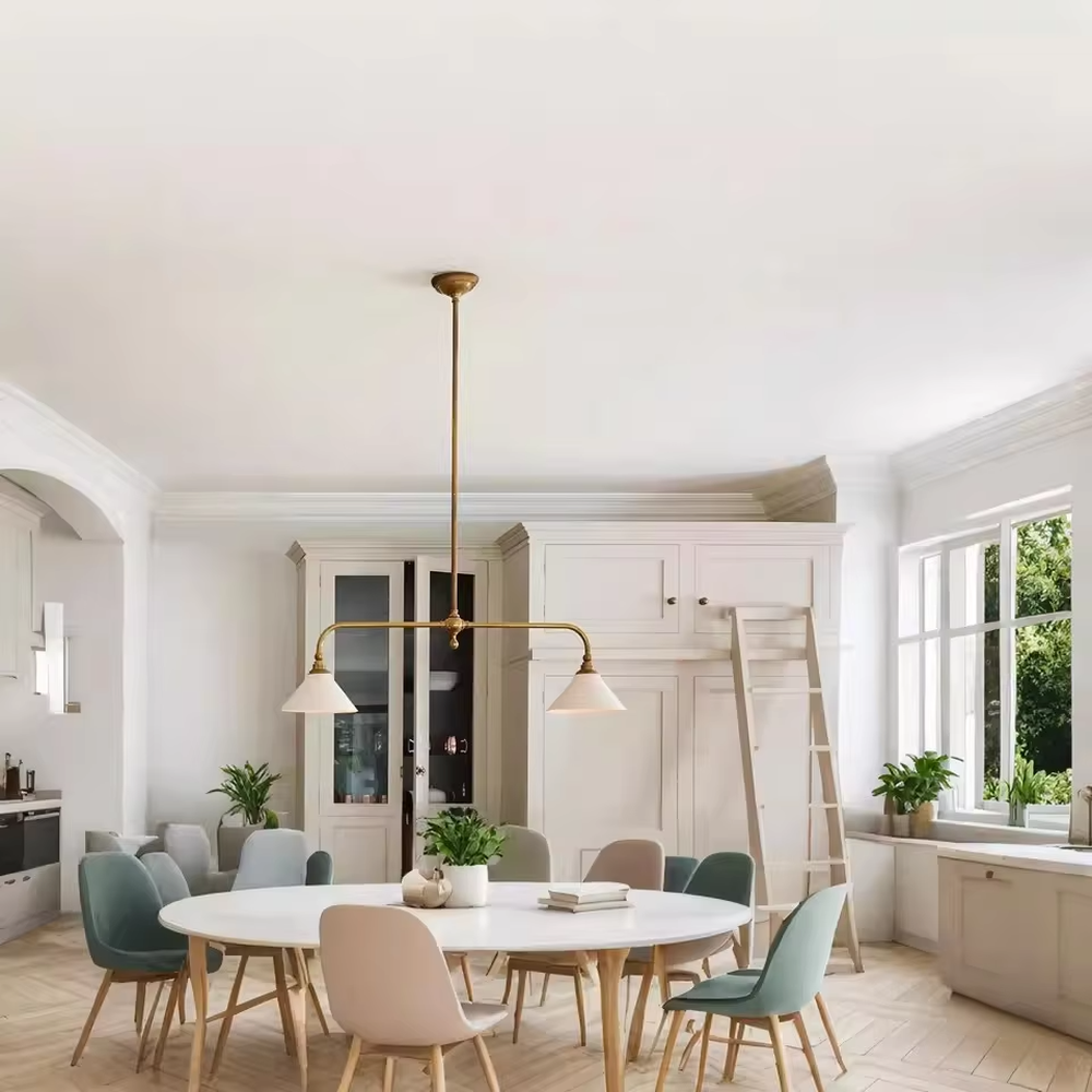 This is a Nordic retro-style double-head chandelier, with a golden metal stand and white conical lampshades, featuring a minimalist retro design and warm texture. It is used for space lighting and decoration, creating a warm retro atmosphere. It is suitable for Nordic-style restaurants, retro-style home living rooms, homestay dining areas and other places.