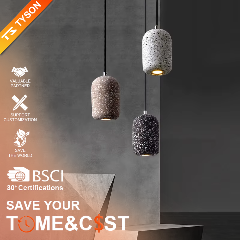 Industrial style speckled cement cylinder multi-head pendant light (multi-color), warm light effect, creating a minimalist industrial style atmosphere.