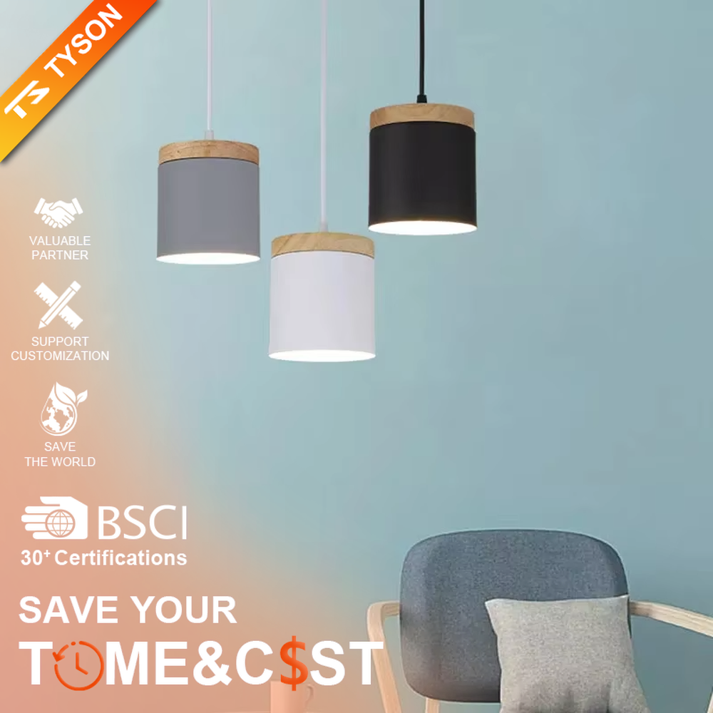 Minimalist black-wood cylindrical double-unit hanging lamp, black cylindrical lampshade + wooden top decoration + thin suspension rope, soft and uniform light, creating a simple natural home atmosphere.