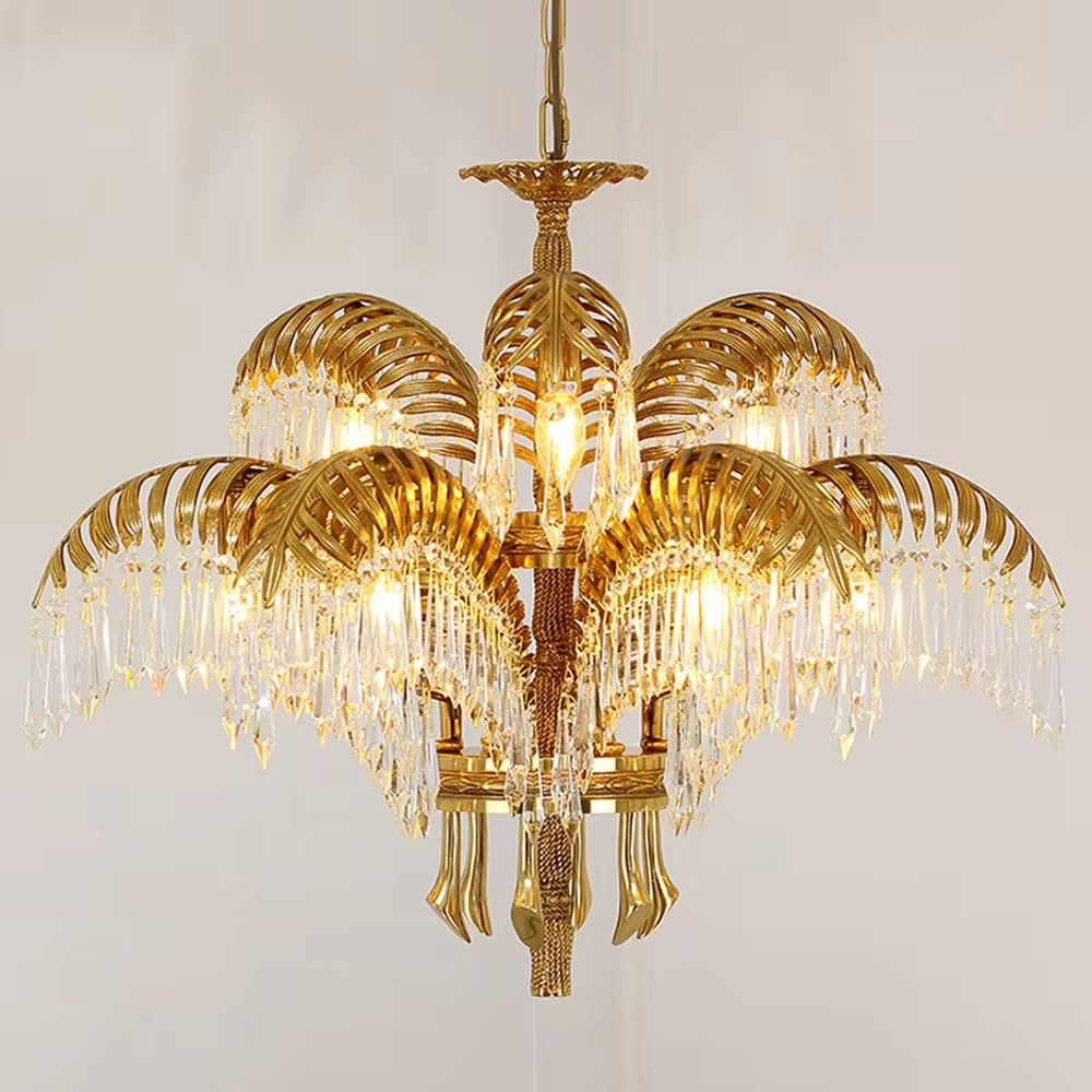 This is a luxurious tropical-style golden palm leaf crystal chandelier, with a golden metal palm leaf structure and numerous crystal pendants, featuring strong luxury and tropical artistic sense, brilliant lighting. It is used for space lighting and decoration, creating a high-end luxurious tropical atmosphere. Suitable for luxury villa living rooms, tropical-themed restaurants, high-end hotel lobbies and other places.