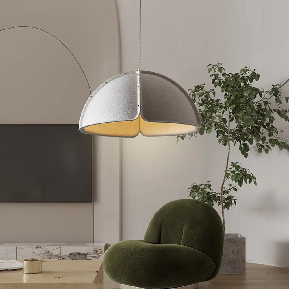 This is a modern minimalist gray spliced dome chandelier, with a gray spliced dome shape, metal rivet details, and an inner warm light design, featuring a minimalist and grand style. It is used for space lighting and decoration, creating a warm and modern atmosphere. Suitable for modern minimalist living rooms, Nordic-style restaurants, creative office areas and other places.